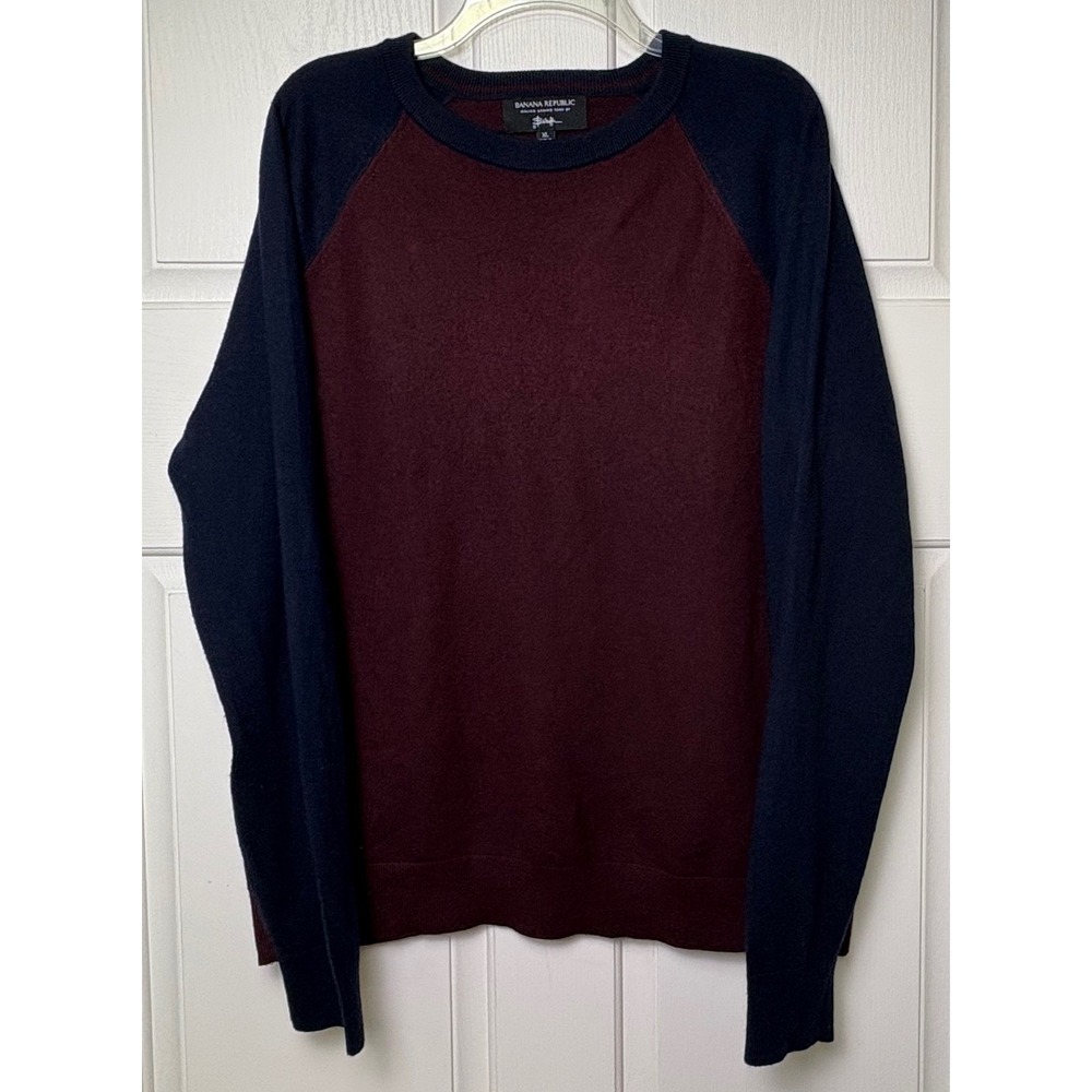 Banana Republic Mens XL 100% Merino Wool Colorblock Crewneck Sweater Wine Navy